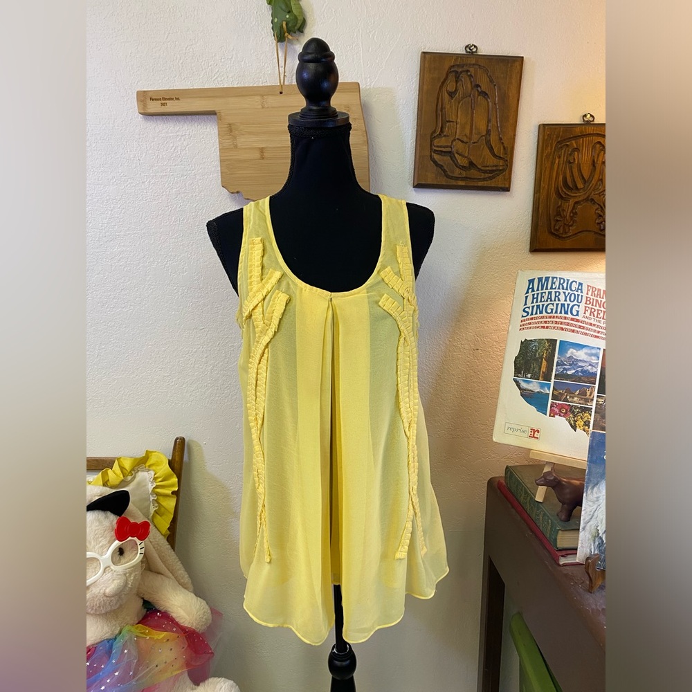 Forla Paris Sleeveless Yellow Flowy Ruffle Layered Sheer Blouse Fairy Boho LARGE